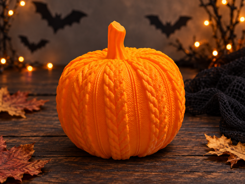 AI-styled Halloween scene showing the bright orange cable-knit 3D printed pumpkin with its orange stem, autumn leaves and bat decorations