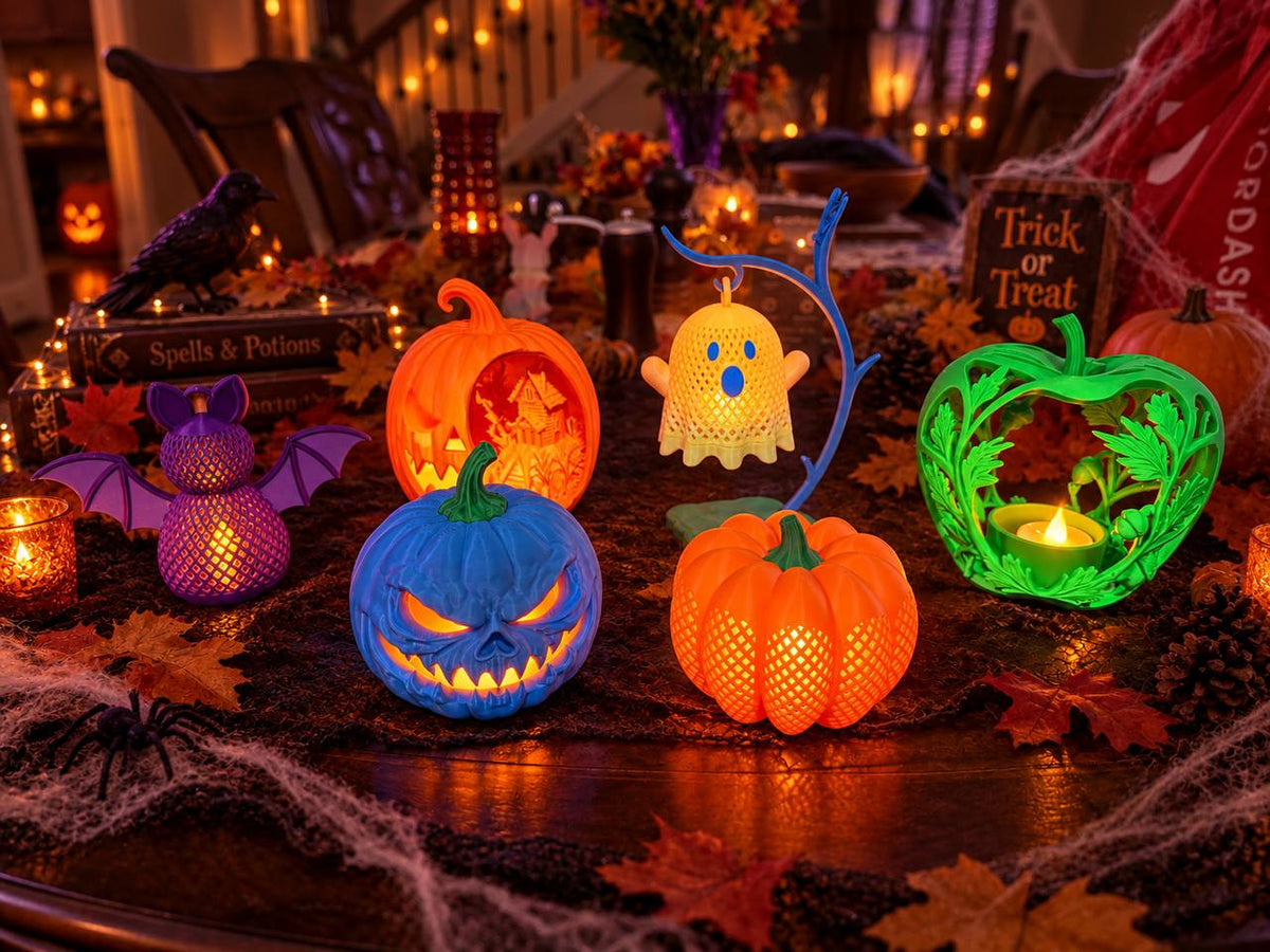 Six-piece glowing 3D printed Halloween décor set with bat, ghost and four pumpkin lanterns in a styled tabletop scene