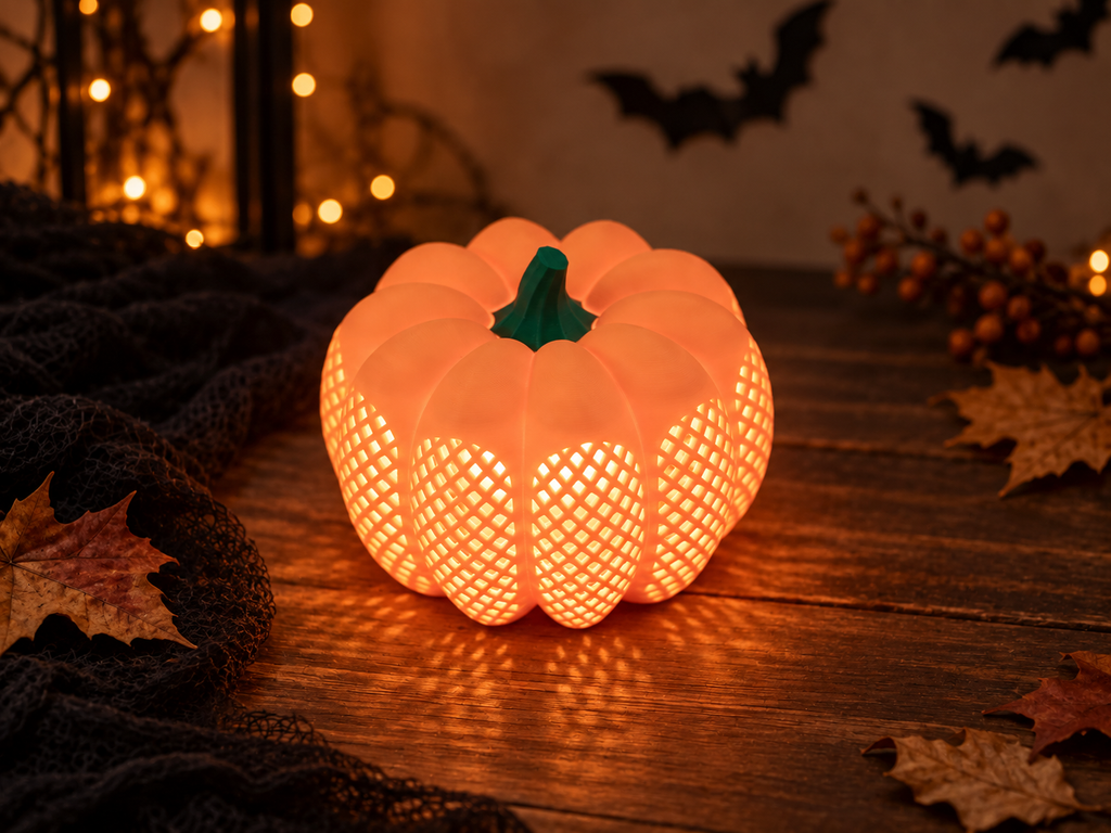 AI-styled Halloween scene with the orange 10 cm pumpkin tea light, green stem, autumn leaves and bat decorations
